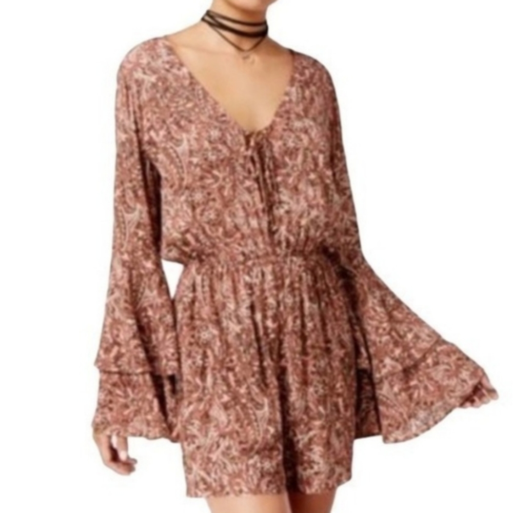 American Rag Romper Brown Multi Print  Long Ruffle Tier Sleeves Boho Siz…